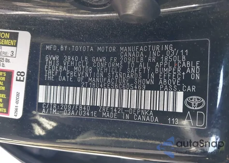 2011 Toyota Corolla Le z USA, uszkodzony, nr VIN 2T1BU4EE5BC605469